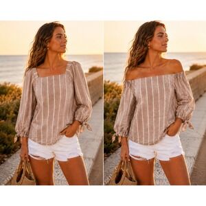 European Summer Blush Taupe Striped On/Off Shoulder Top Sz‎ L Cotton Coastal